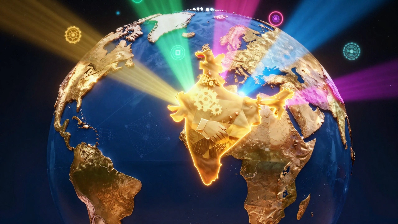 Stylized globe render highlighting India with light beams connecting to global regions and icons.