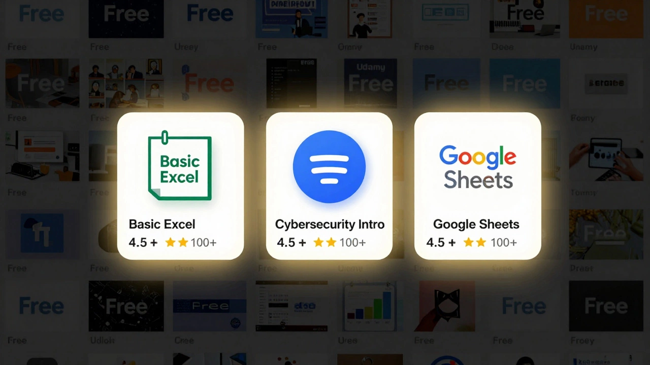 Three highly-rated free Udemy courses glowing on a shelf of faded 'free' course thumbnails.