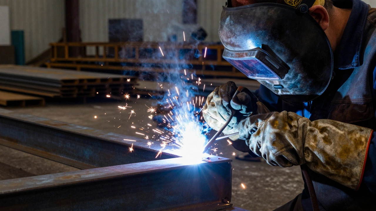 Welder creating sparks while building metal framework