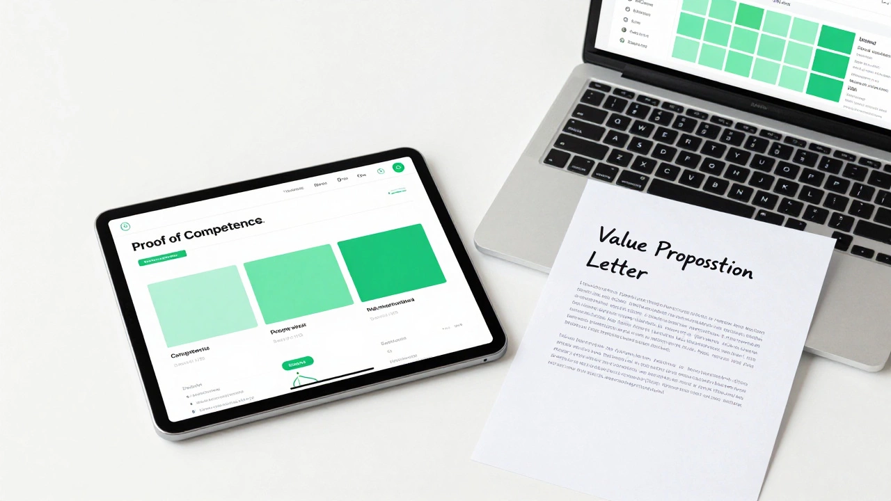 A professional portfolio on a tablet and laptop next to a value proposition letter
