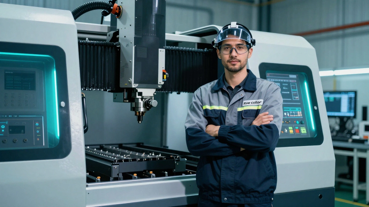 A skilled technician operating a high-tech CNC machine in a modern manufacturing plant.