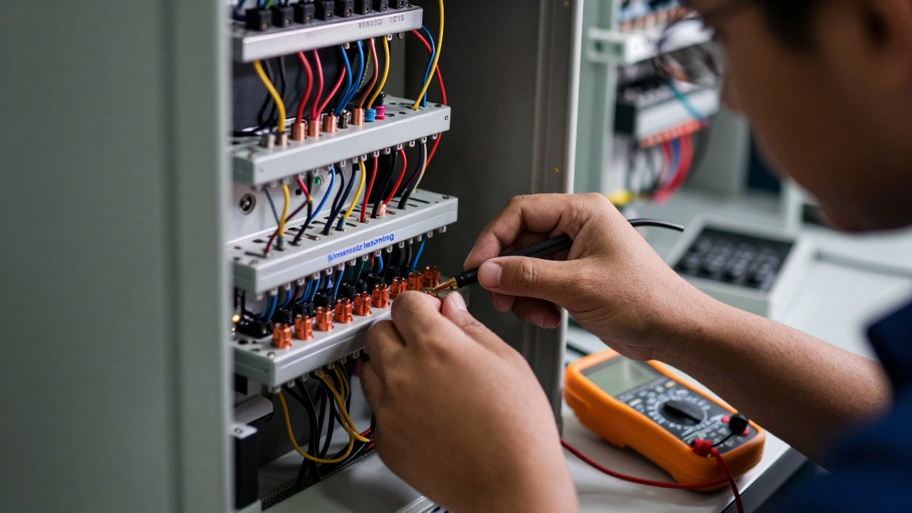 Close-up of a student's hands wiring an electrical panel in a hands-on learning lab.