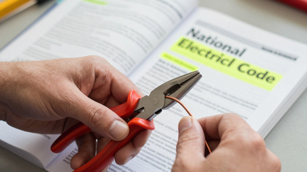 Close-up of an apprentice working on wiring with an electrical code book nearby.