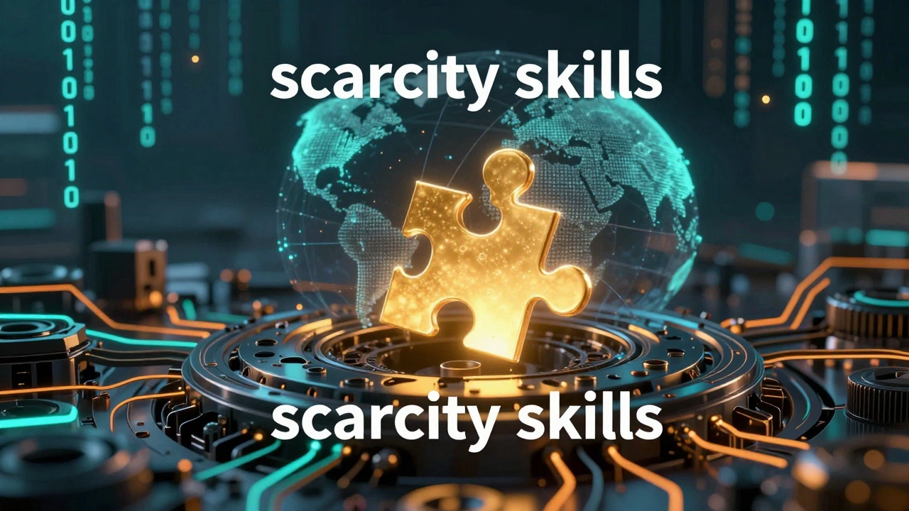 Conceptual art of a golden puzzle piece fitting into a digital network, symbolizing high-value tech skills.