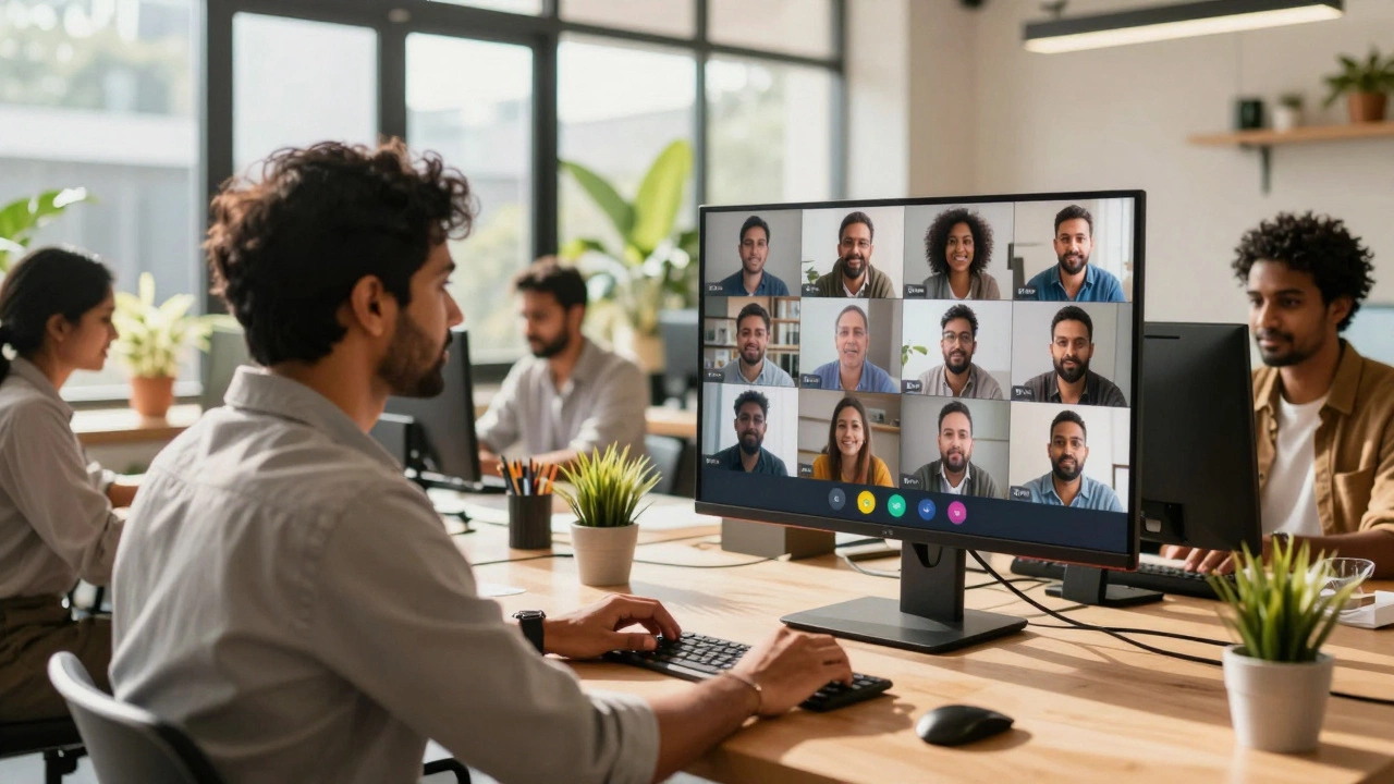 Freelance Indian developer working in a modern co-working space with international clients.