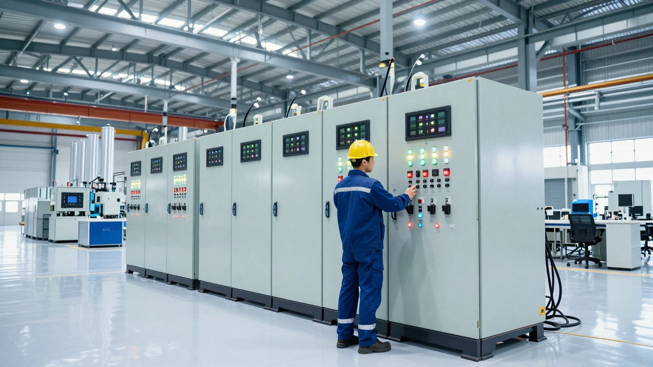 Industrial electrician working on a complex power control panel inside a modern EV battery plant.