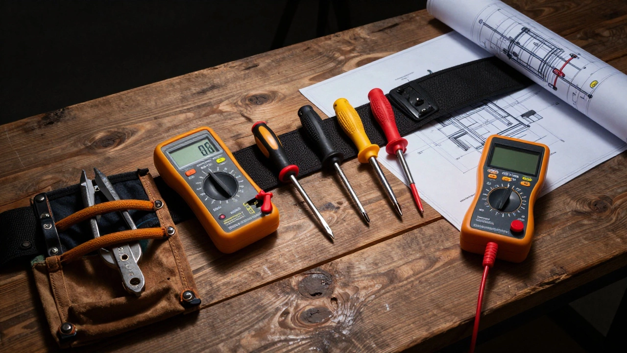 Professional electrical tools and industrial blueprints laid out on a wooden workbench.
