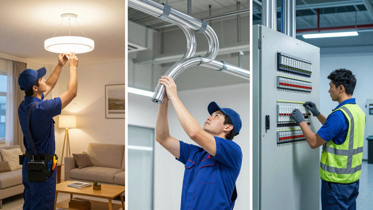 Split screen showing residential, commercial, and industrial electrical work.