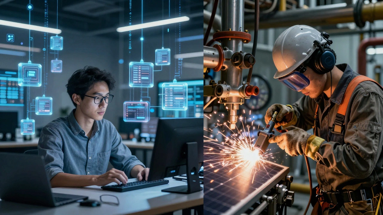 Split view of a cloud architect with digital data and an electrician working on solar panels