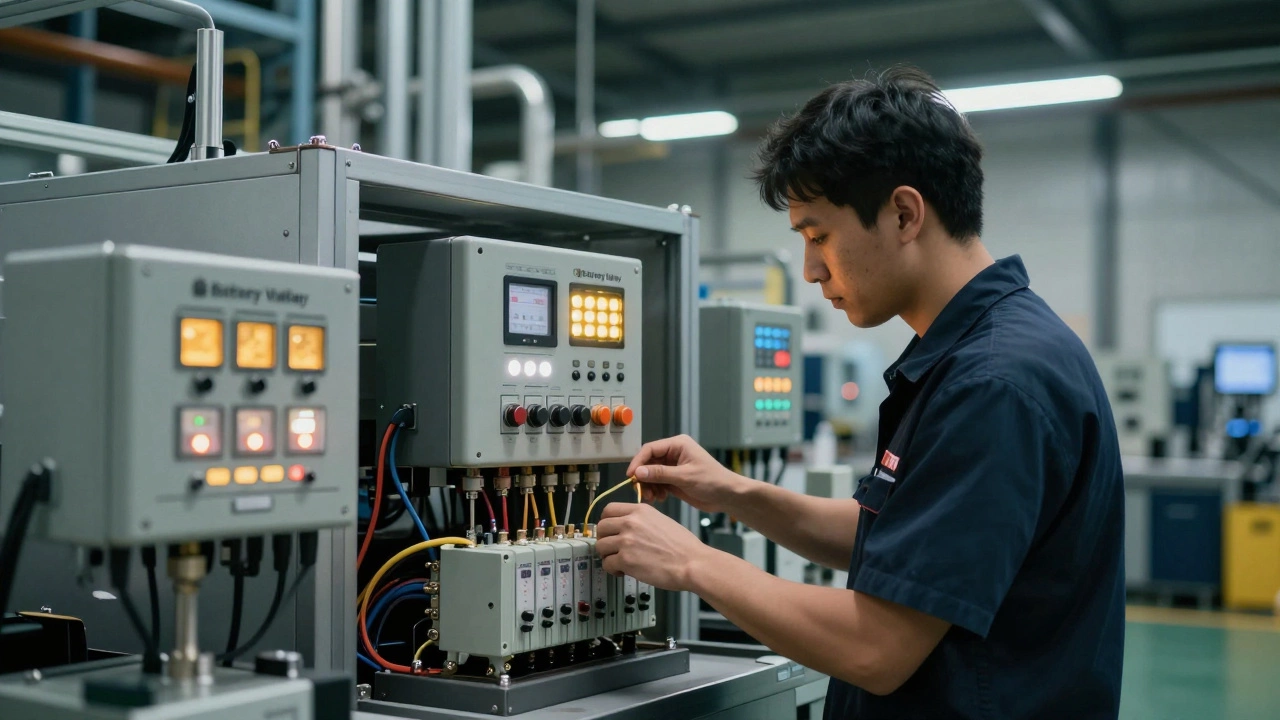 Technician working on high-voltage systems in a modern industrial factory