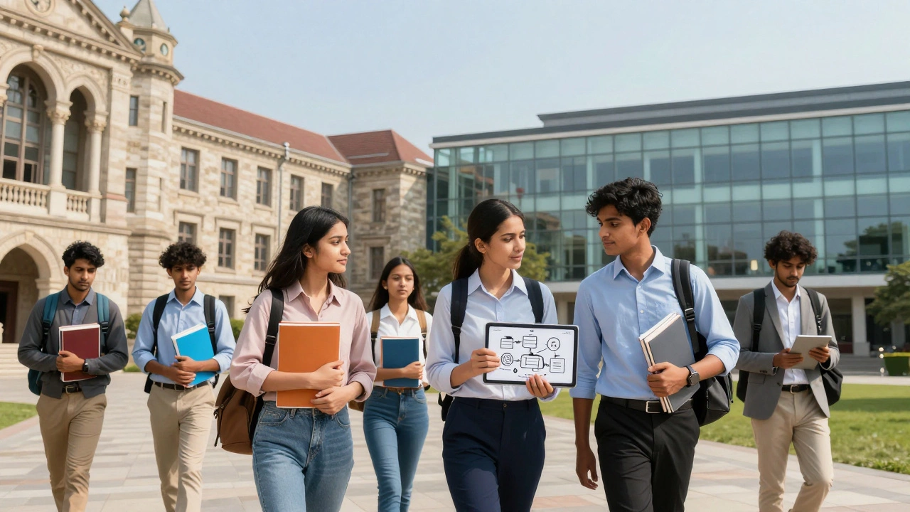 University students discussing computer science on a traditional Indian campus.