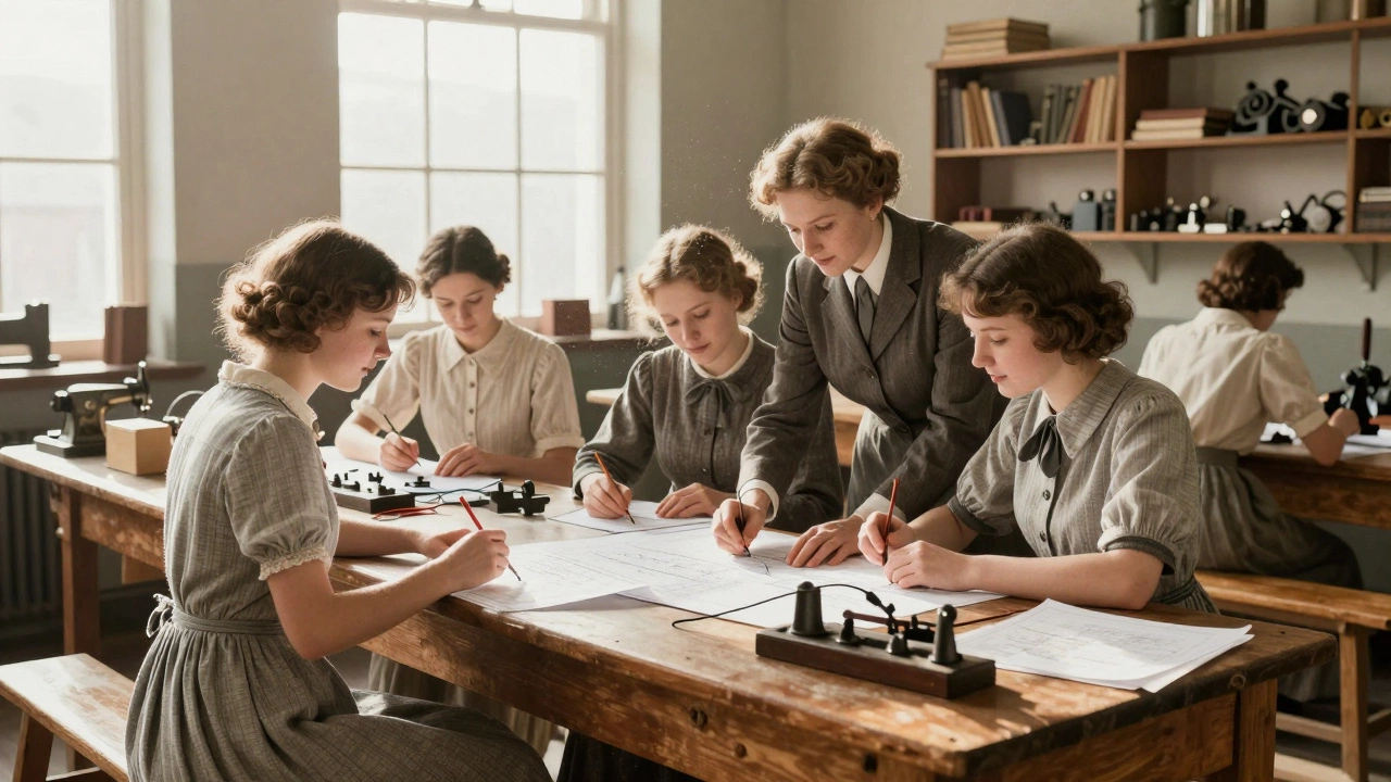 1920s classroom where girls learn technical skills like drafting and wiring.