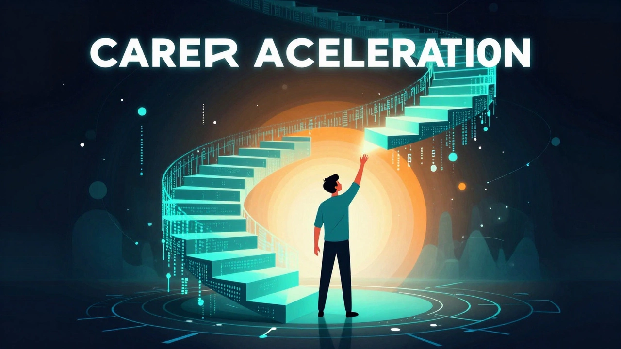 Abstract illustration of a person climbing a digital staircase toward career success.