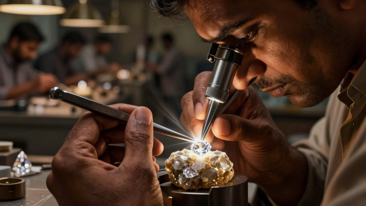 Diamond cutter in Surat polishing gemstones for jewelry exports