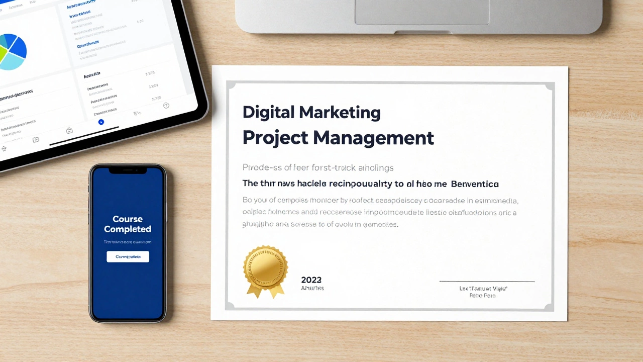 Flat lay of digital certificates, smartphone, and tablet on a modern wooden desk.
