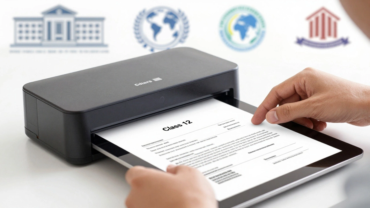Hands submitting Indian academic transcripts for international credential evaluation