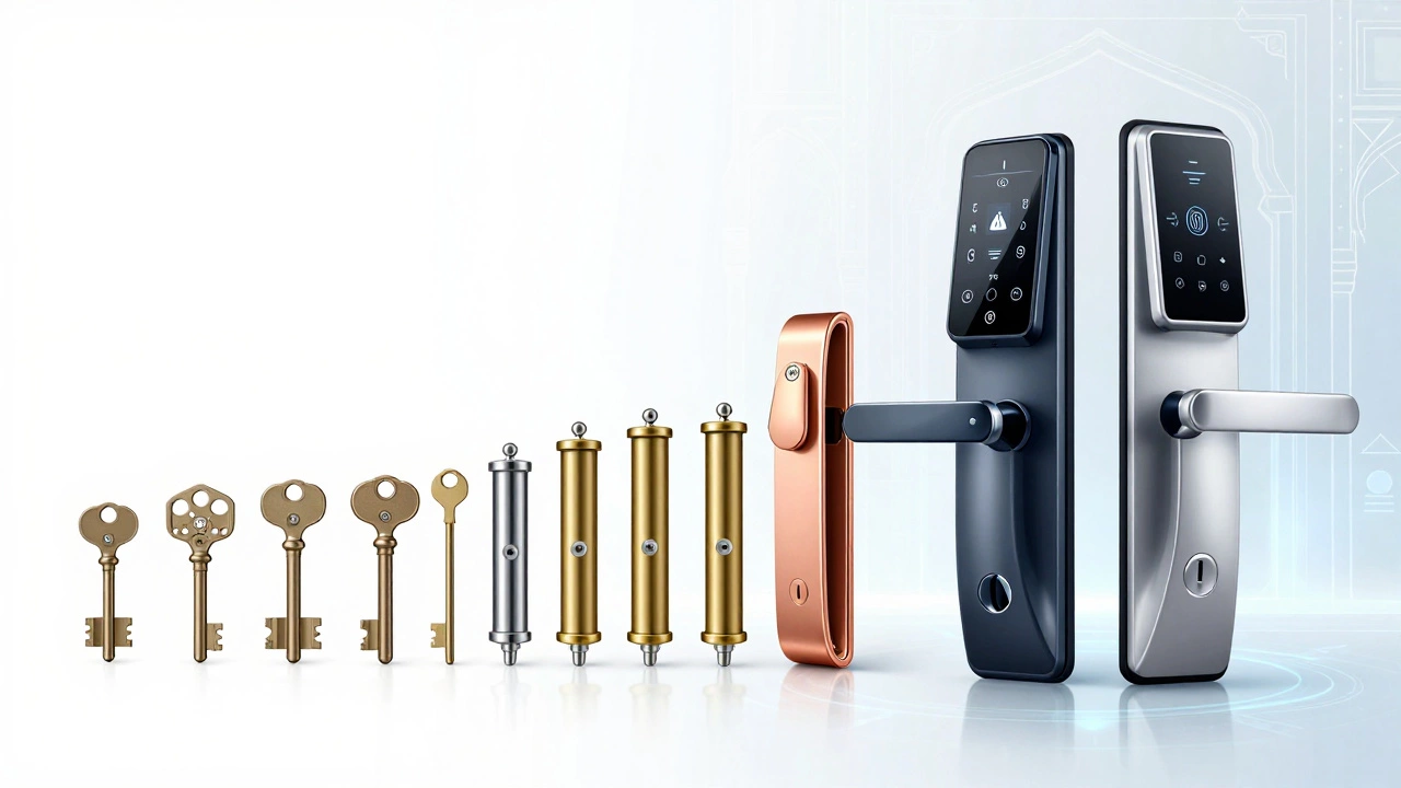 Illustration blending traditional lock tools with modern smart lock technology