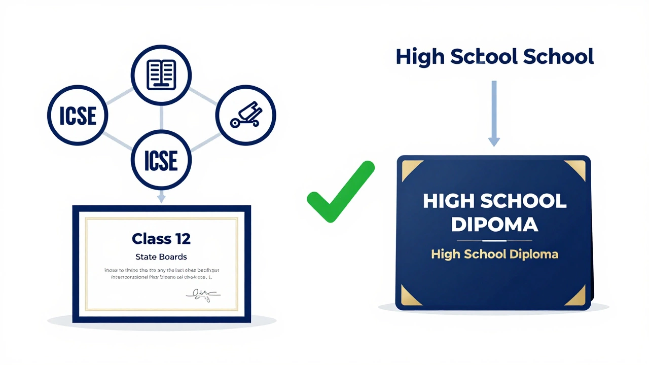 Illustration comparing Indian Class 12 certificate to US High School Diploma equivalence