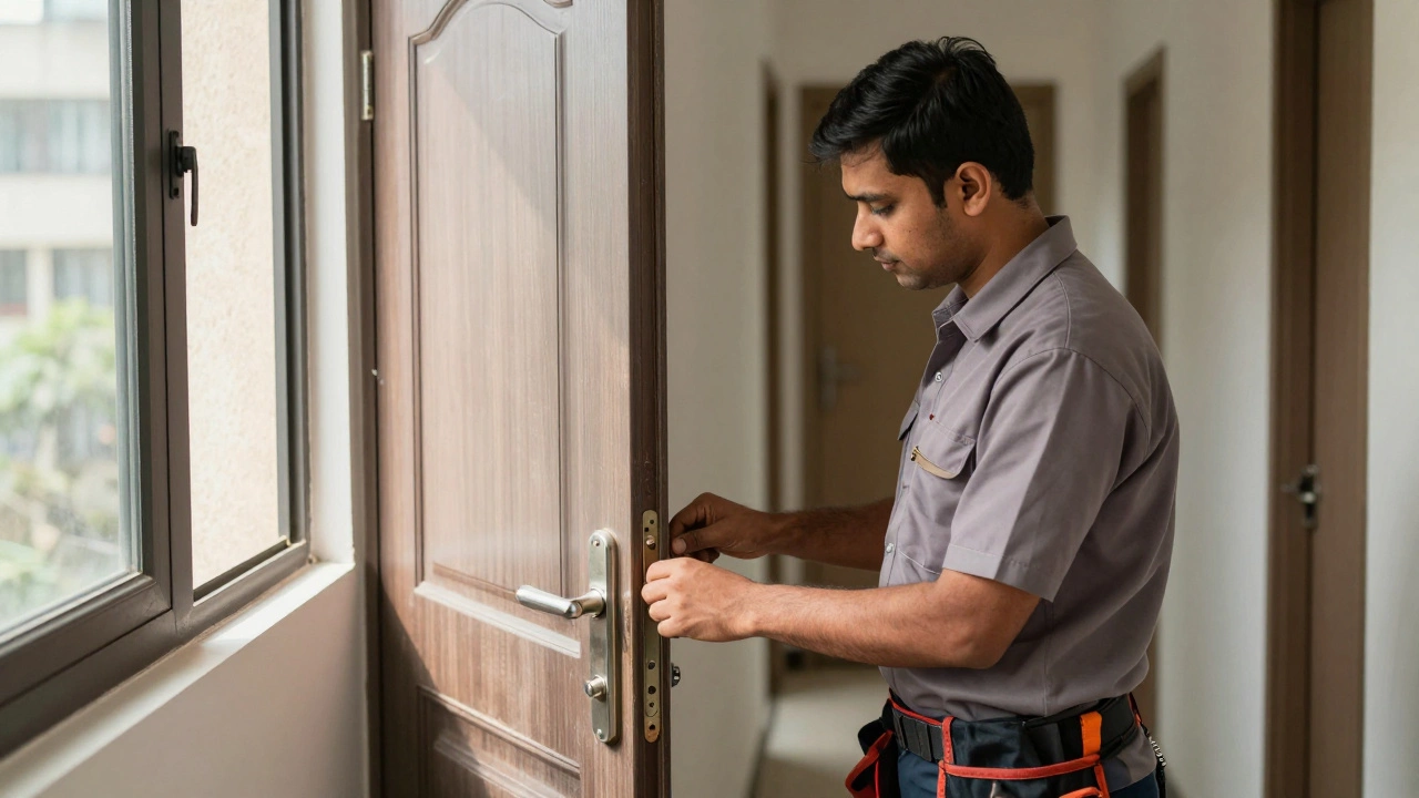 Locksmith inspecting a door handle and lock mechanism in an apartment hallway