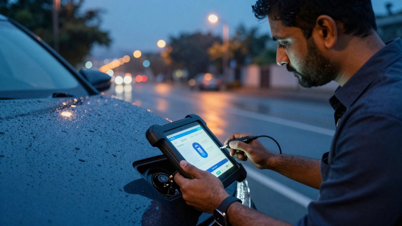 Locksmith programming a car transponder key using diagnostic tools