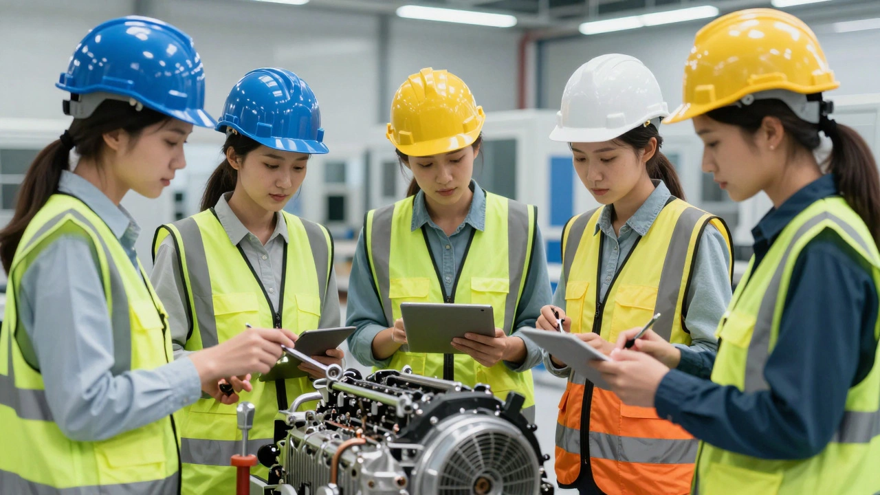 Modern women in safety gear collaborating on complex mechanical repair tasks.