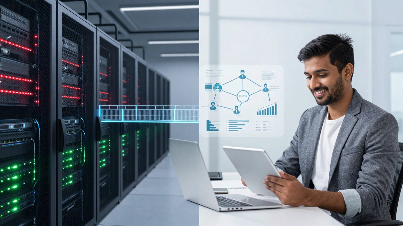 Split view of cybersecurity servers and a digital marketing strategist