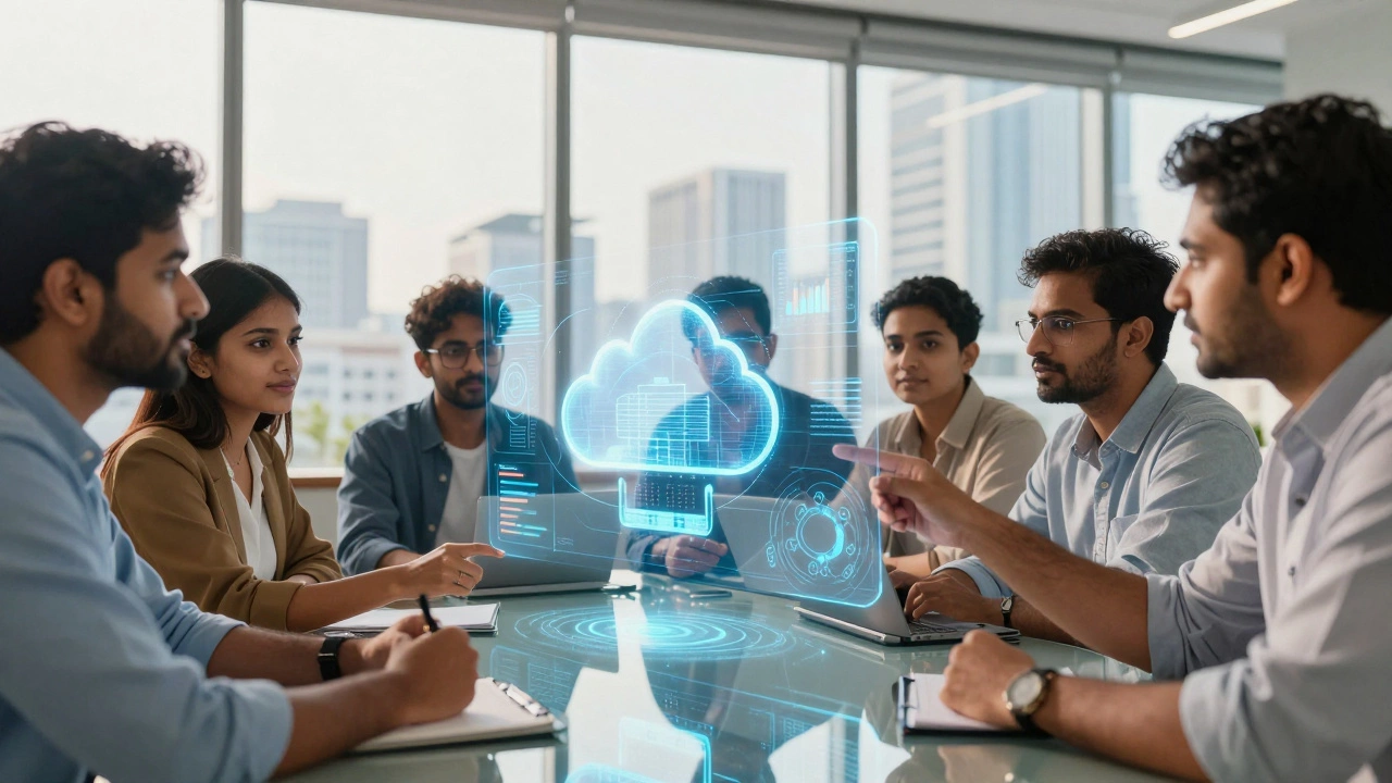 Team analyzing cloud infrastructure and data holograms in a modern office