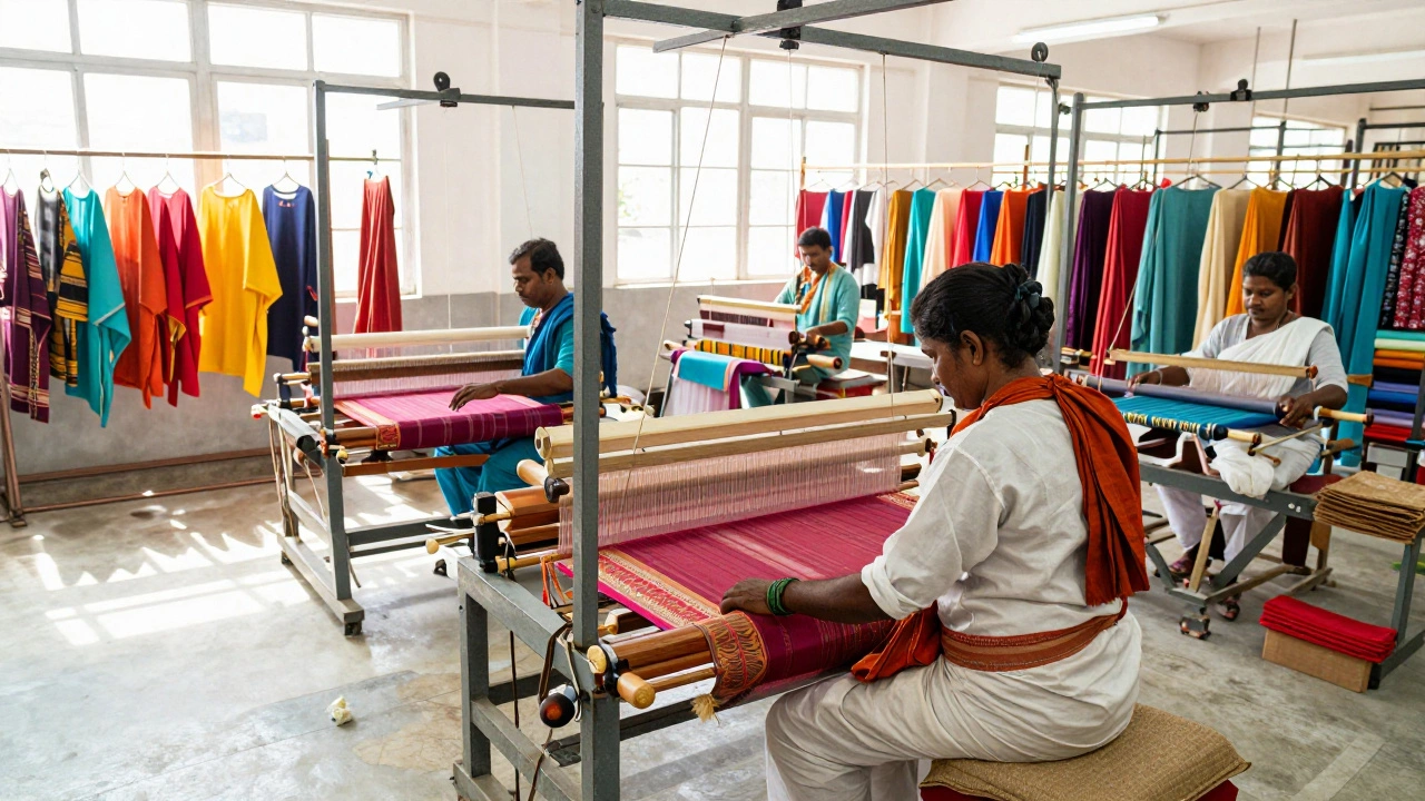 Textile workers weaving organic cotton fabric in an Indian factory