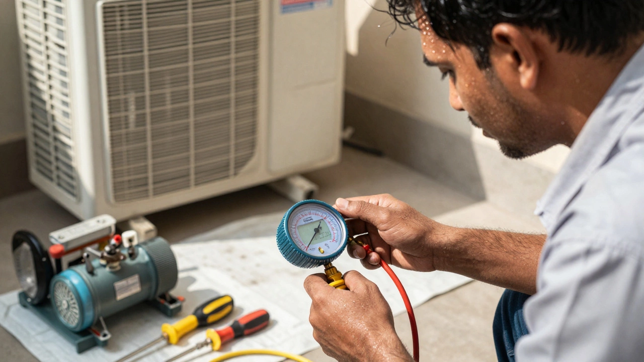 AC repair technician servicing unit in hot sunny room