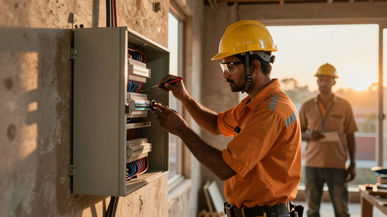 Apprentice electrician working on wiring with mentor in background