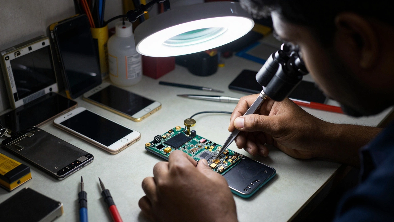 Close-up of hands repairing smartphone motherboard
