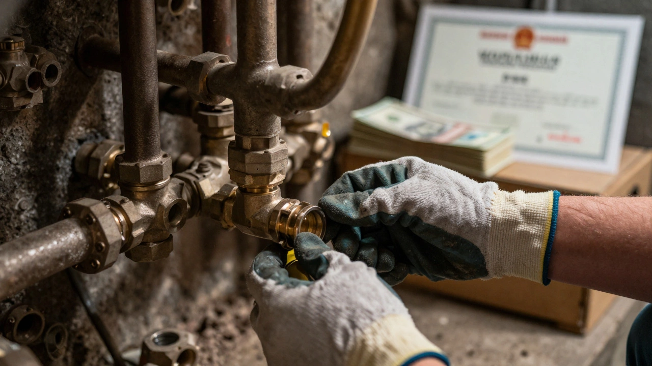Close-up of plumber working on pipes with money and license nearby