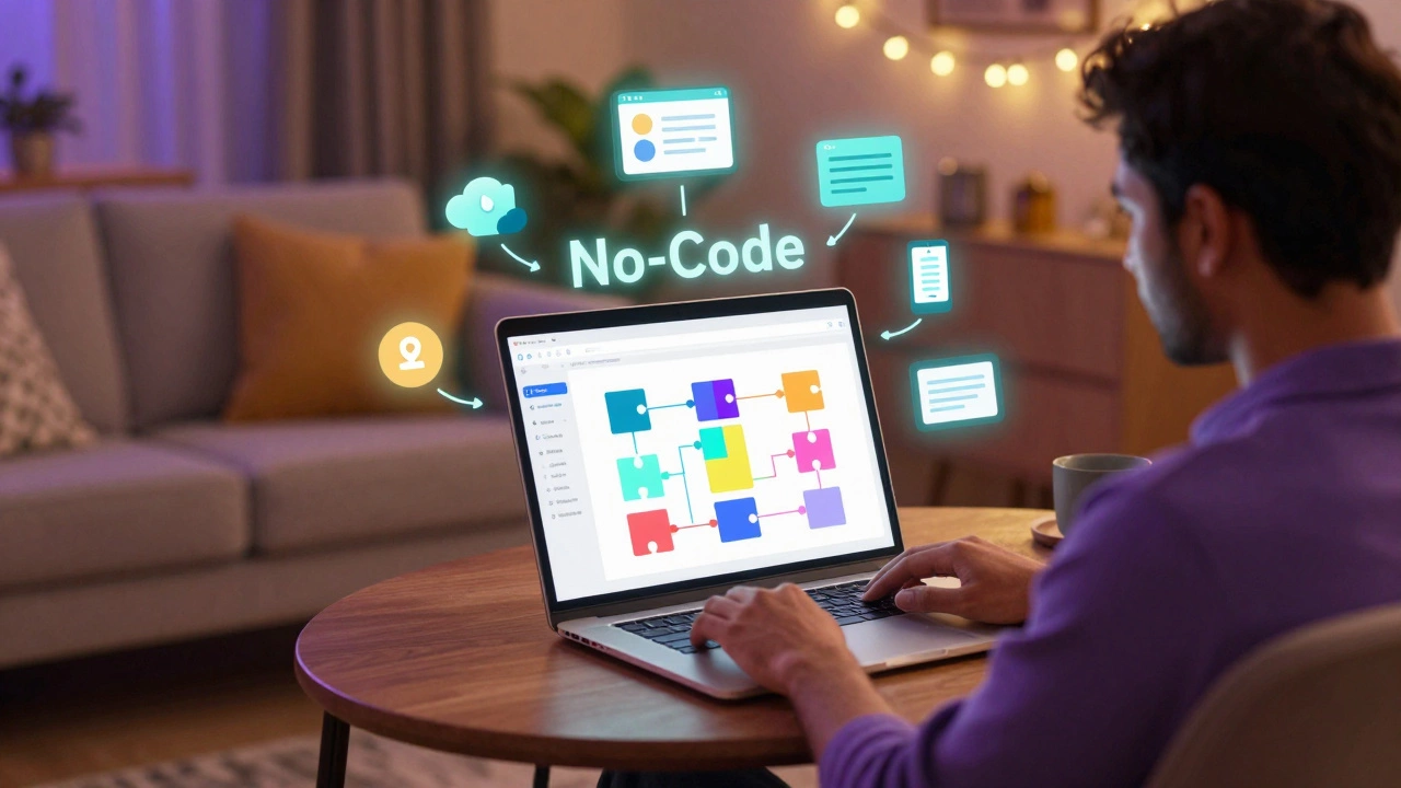 Creative person using no-code drag-and-drop software in a cozy Indian home