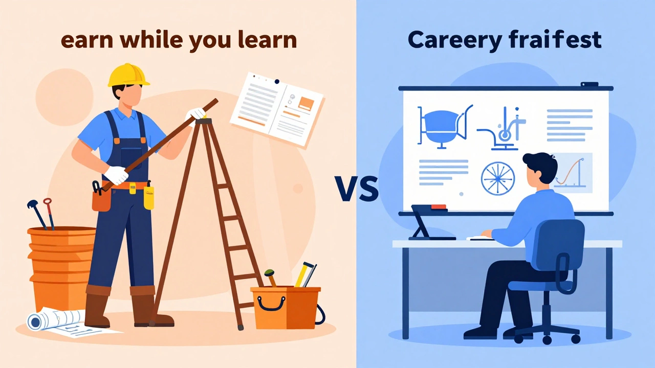 Illustration comparing plumbing apprenticeship and trade school paths