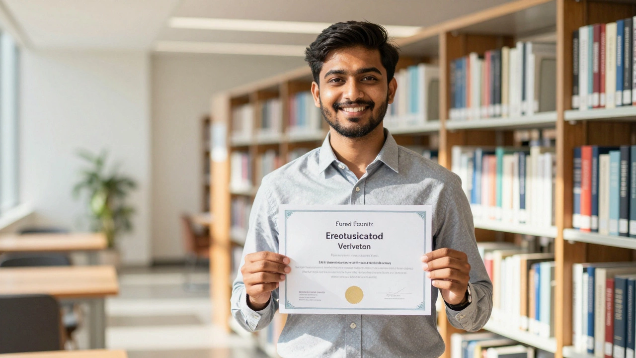 Indian professional holding certificate in a sunlit library