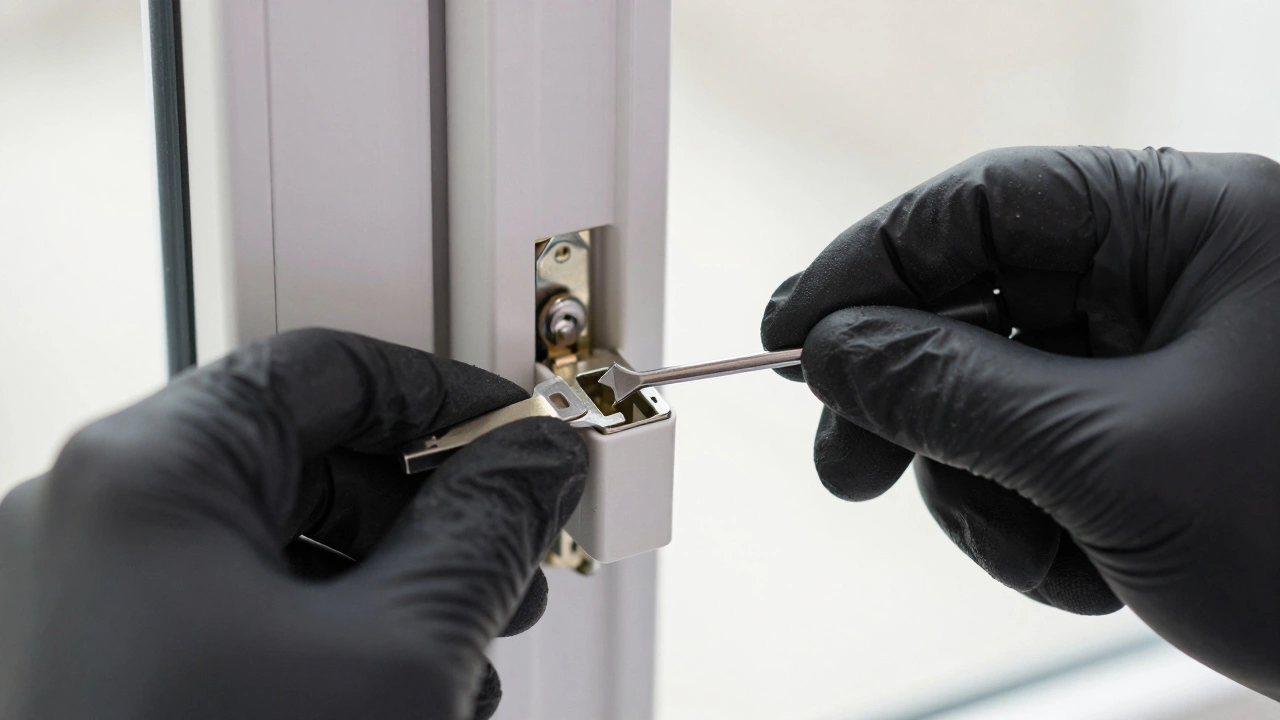 Locksmith using a shim tool to bypass a window latch