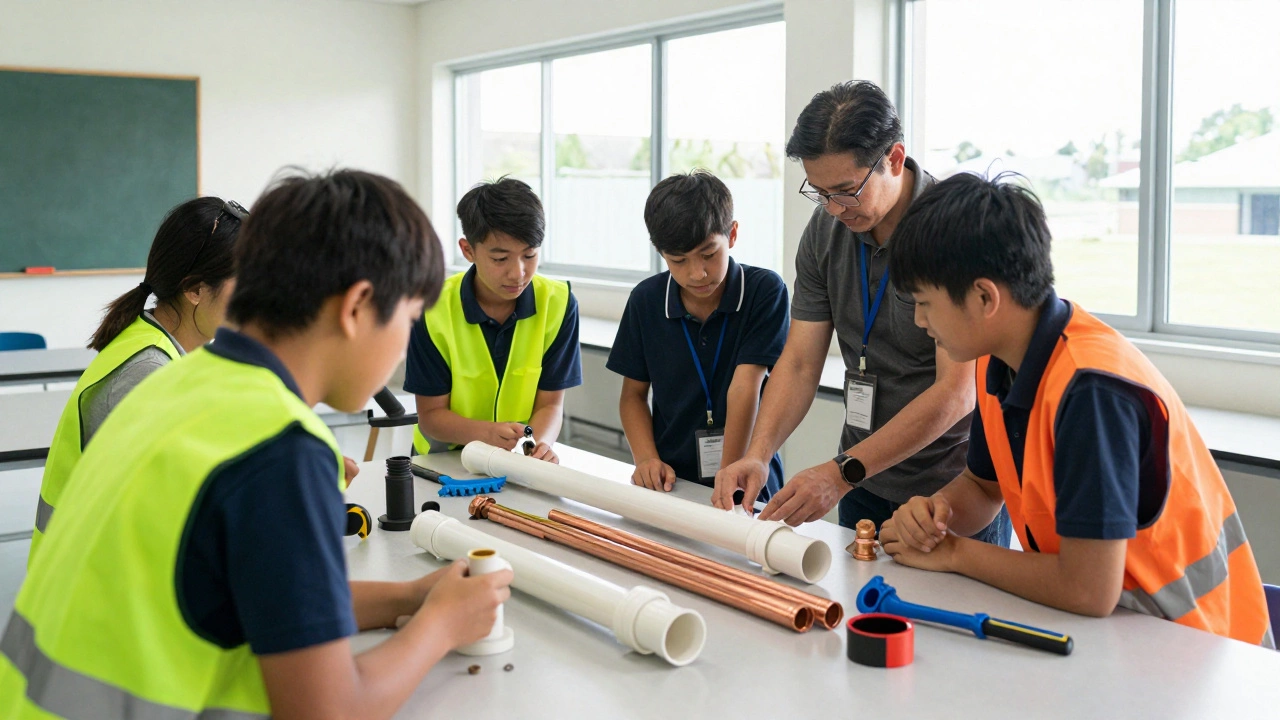 Plumbing apprentices learning about pipes and tools in a classroom