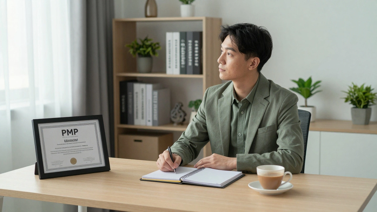 Relaxed project manager with PMP certificate in a calm, organized home office