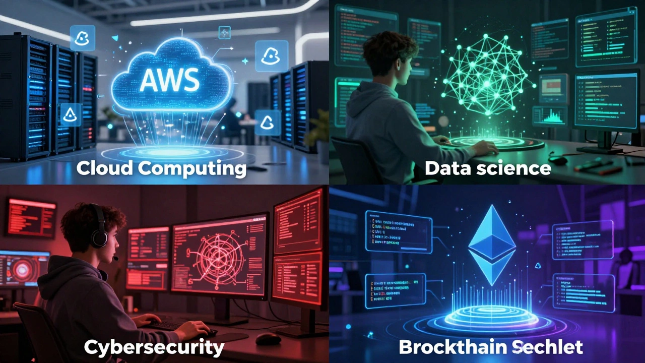 Split screen illustrating Cloud, Data Science, Cybersecurity, and Blockchain fields
