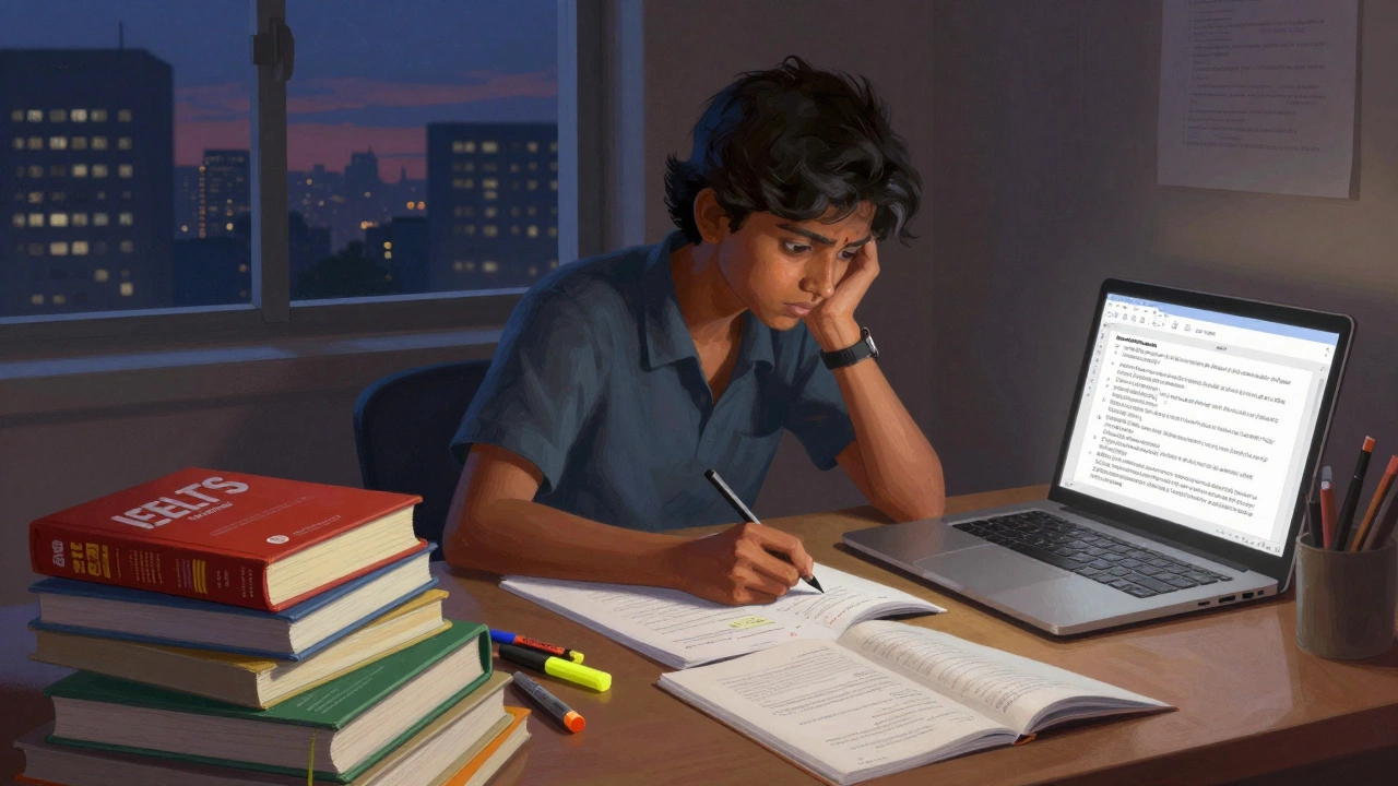 Student studying for IELTS exam at night desk