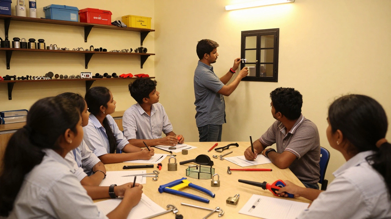 Students learning locksmith techniques in a training class