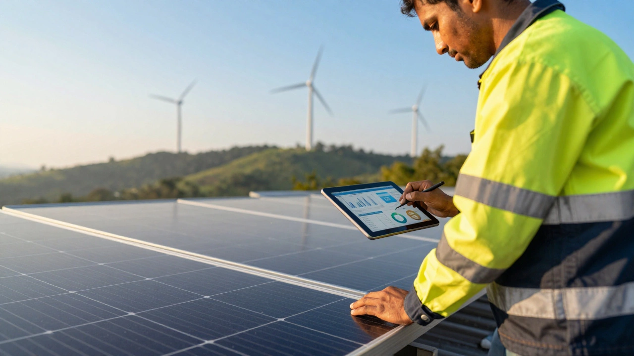 Technician installing solar panels with a tablet in hand