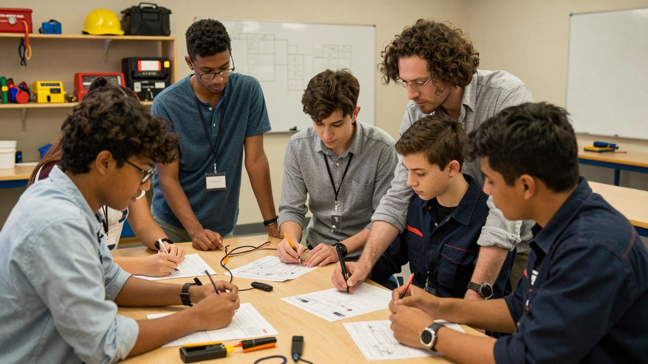 Apprentices learning electrical skills in vocational workshop