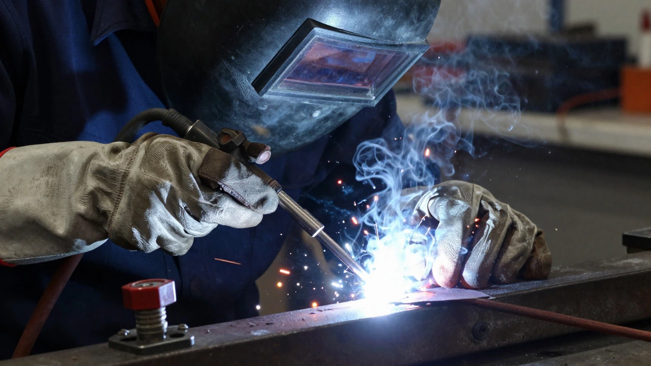 Close-up of precise TIG welding with bright arc light