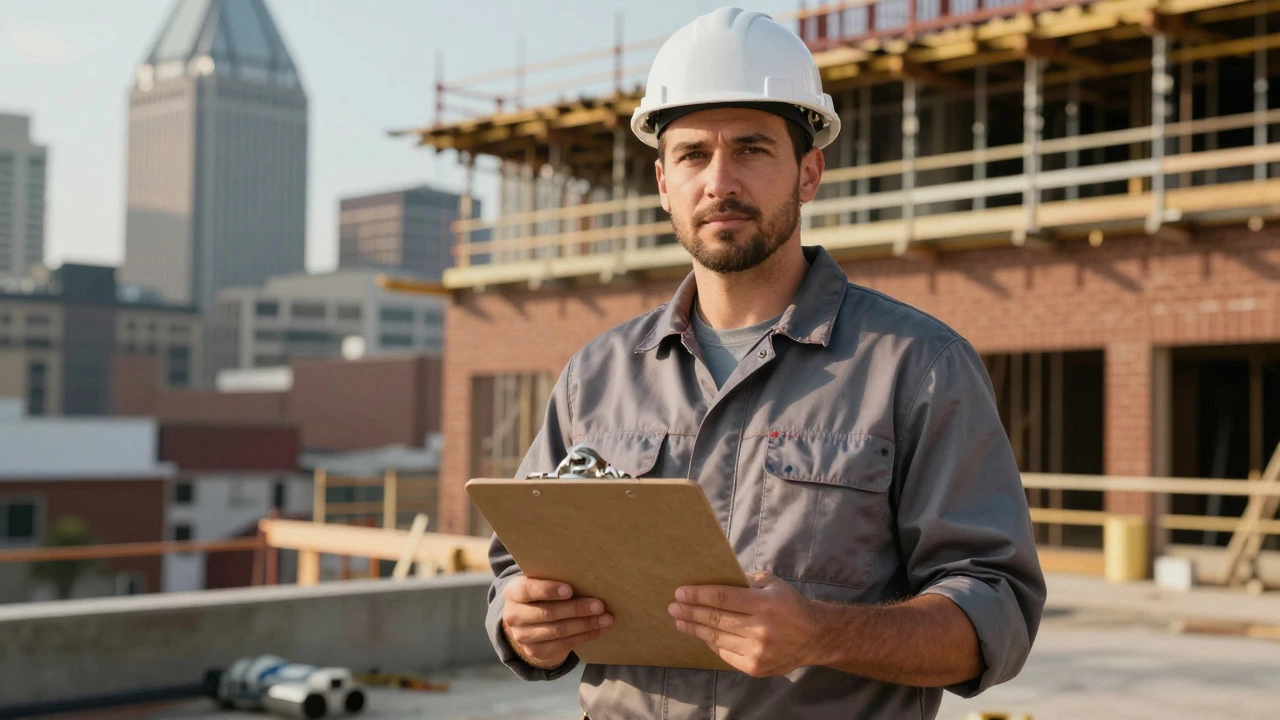 Confident master electrician posing near commercial building