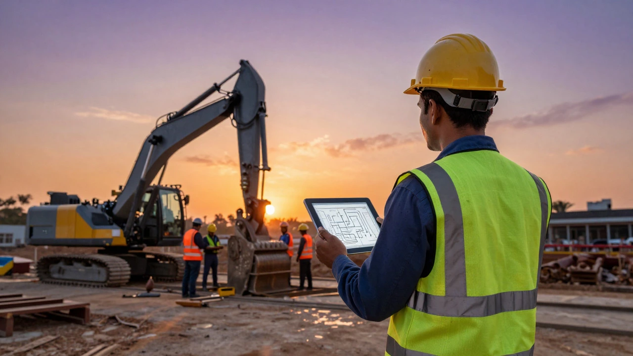 Electrical engineer overseeing industrial installation at sunrise in India.