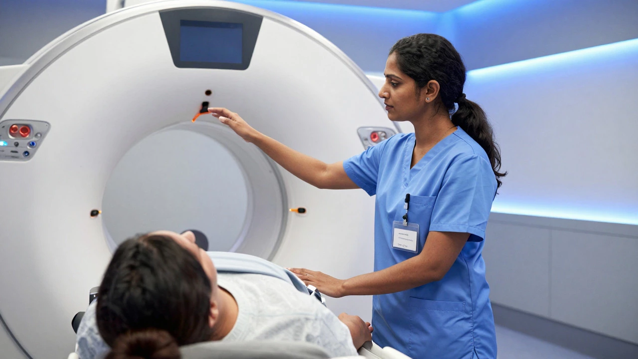 Female technician operating advanced MRI equipment in a hospital setting.