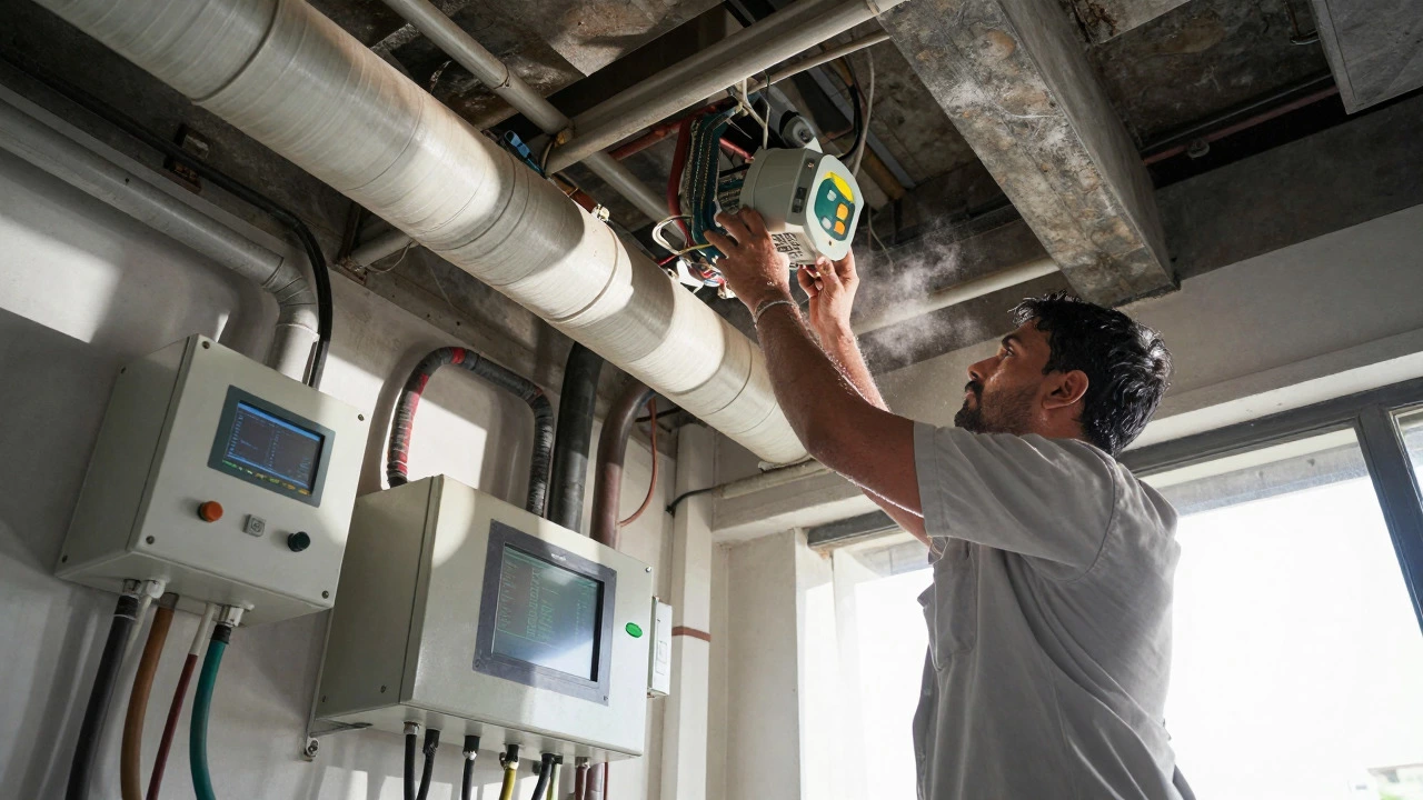 HVAC technician repairing AC unit in tight ceiling space