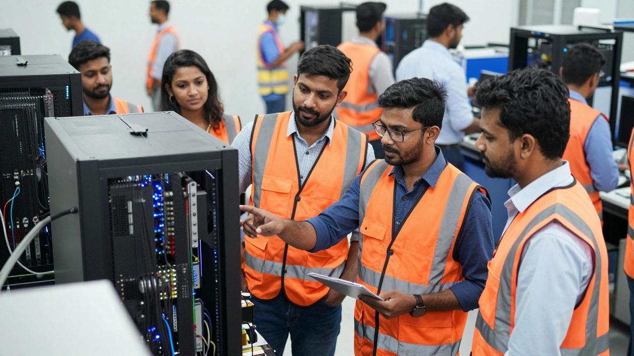 Indian technicians collaborating on equipment in a modern industrial workshop
