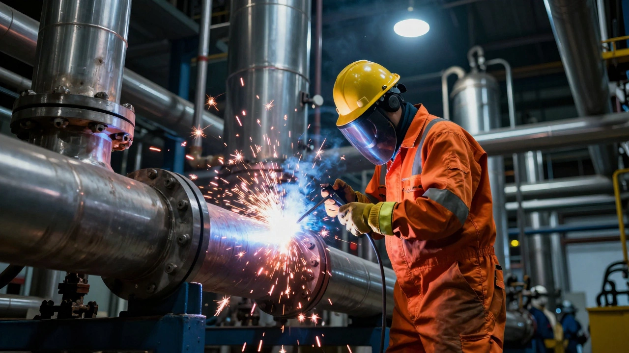 Industrial plumber welding high-pressure pipes in a factory